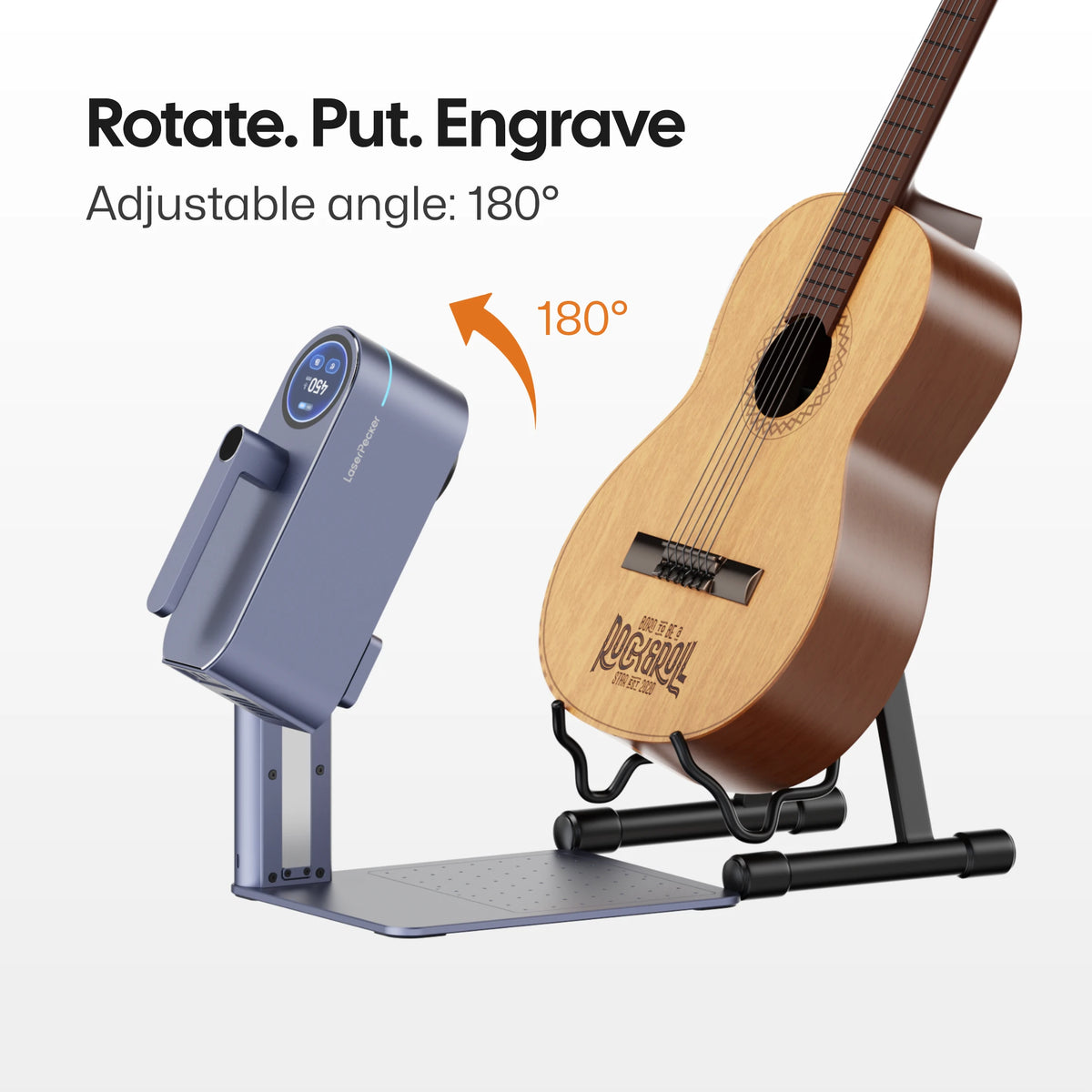 LaserPecker laser engraver with 180° adjustable angle, demonstrating engraving on an acoustic guitar. The headline "Rotate. Put. Engrave" highlights the machine's flexibility for curved and angled surfaces.