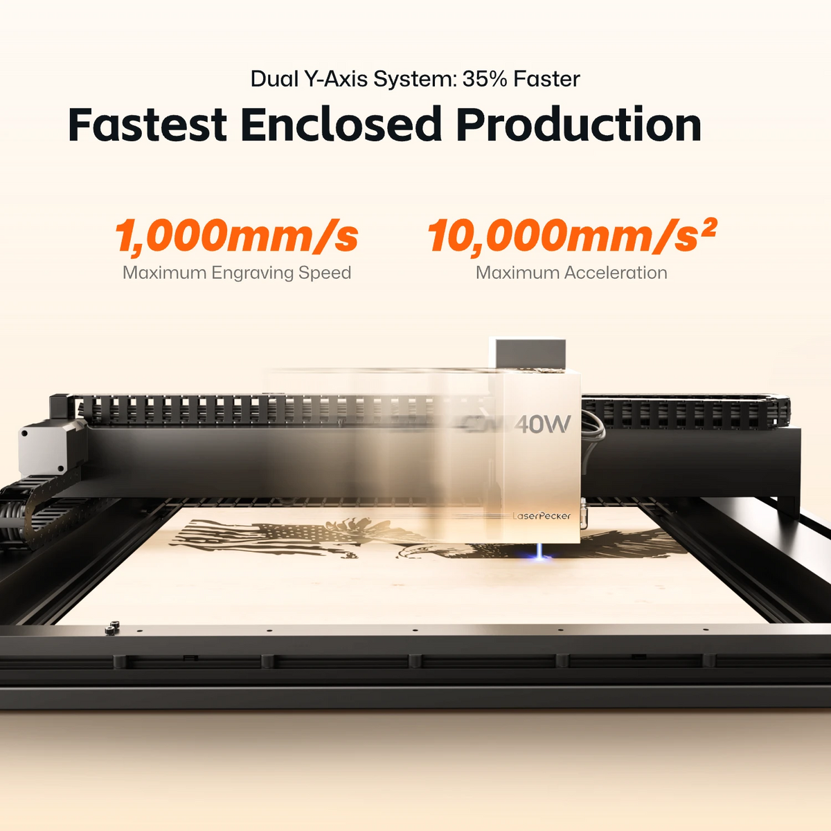 LaserPecker enclosed laser engraver in action, highlighting its dual Y-axis system for 35% faster production. The machine achieves a maximum engraving speed of 1,000mm/s and maximum acceleration of 10,000mm/s², with a 40W laser head engraving a detailed design on a wooden sheet.