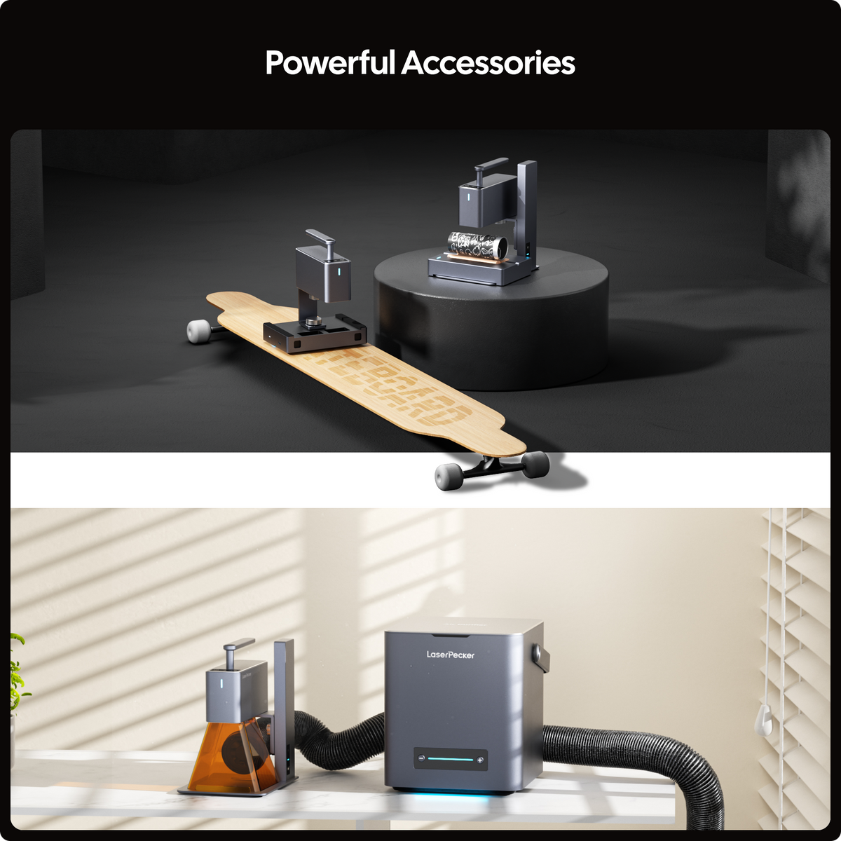 LaserPecker powerful accessories: a rotary extension for curved surfaces like skateboards and tumblers, and a smoke purifier for a clean, safe workspace.