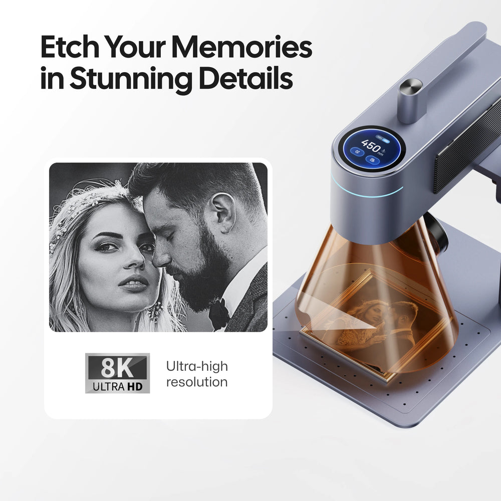 LaserPecker laser engraver creating an 8K Ultra HD detailed portrait engraving, with the slogan "Etch Your Memories in Stunning Details".