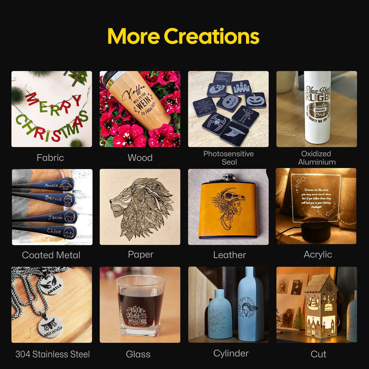 LaserPecker engraver showcases its versatility across 12 materials: fabric, wood, photosensitive seal, oxidized aluminum, coated metal, paper, leather, acrylic, 304 stainless steel, glass, cylinders, and cut acrylic, enabling endless creative projects.