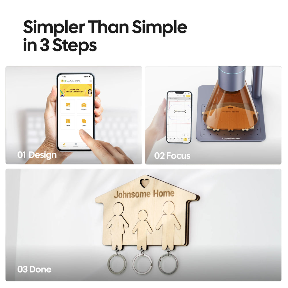 LaserPecker laser engraver 3-step workflow: Design via mobile app, focus the laser, and complete the project (e.g., a wooden key holder), with the slogan "Simpler Than Simple in 3 Steps".