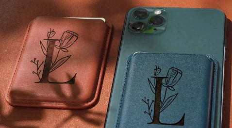 Personalized MagSafe compatible leather card holders with laser-etched patterns, ideal for custom phone accessories.