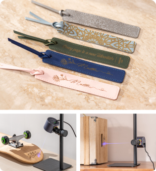 A variety of personalized leather luggage tags created with the LP1 Plus portable laser engraver.