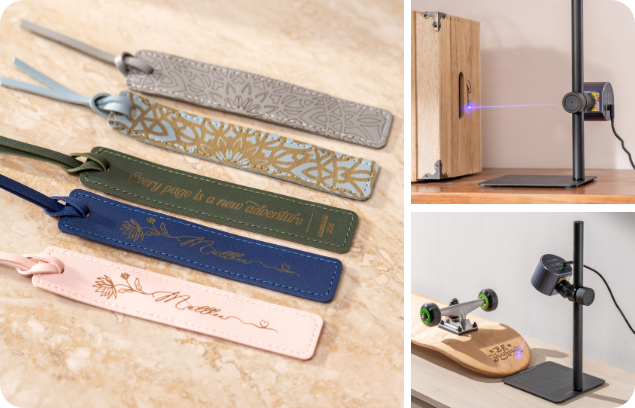 A variety of personalized leather luggage tags created with the LP1 Plus portable laser engraver.