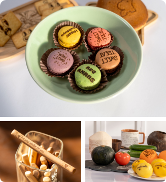 LP1 Plus laser engraver performing food-safe engraving on macarons to create unique, edible branding and customized desserts.