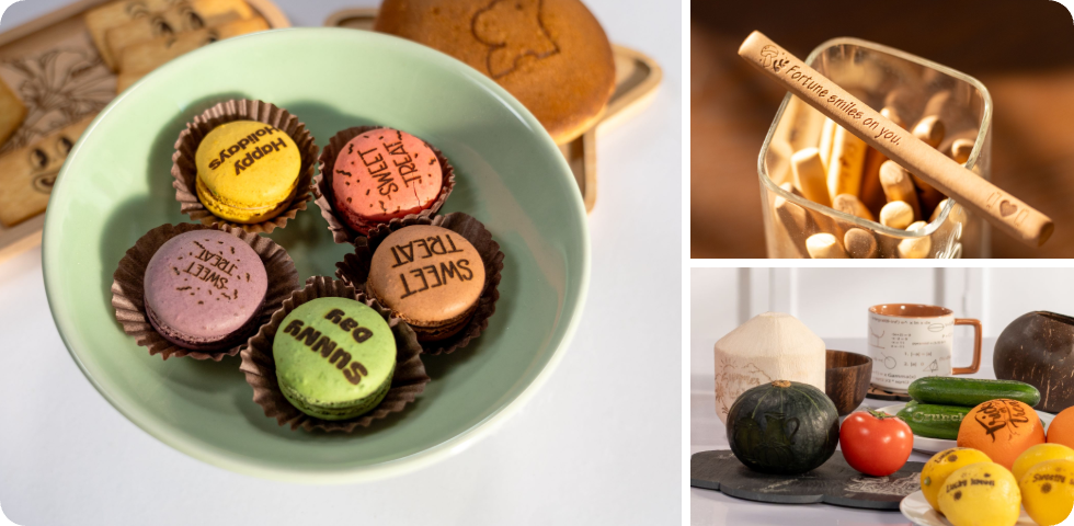 LP1 Plus laser engraver performing food-safe engraving on macarons to create unique, edible branding and customized desserts.