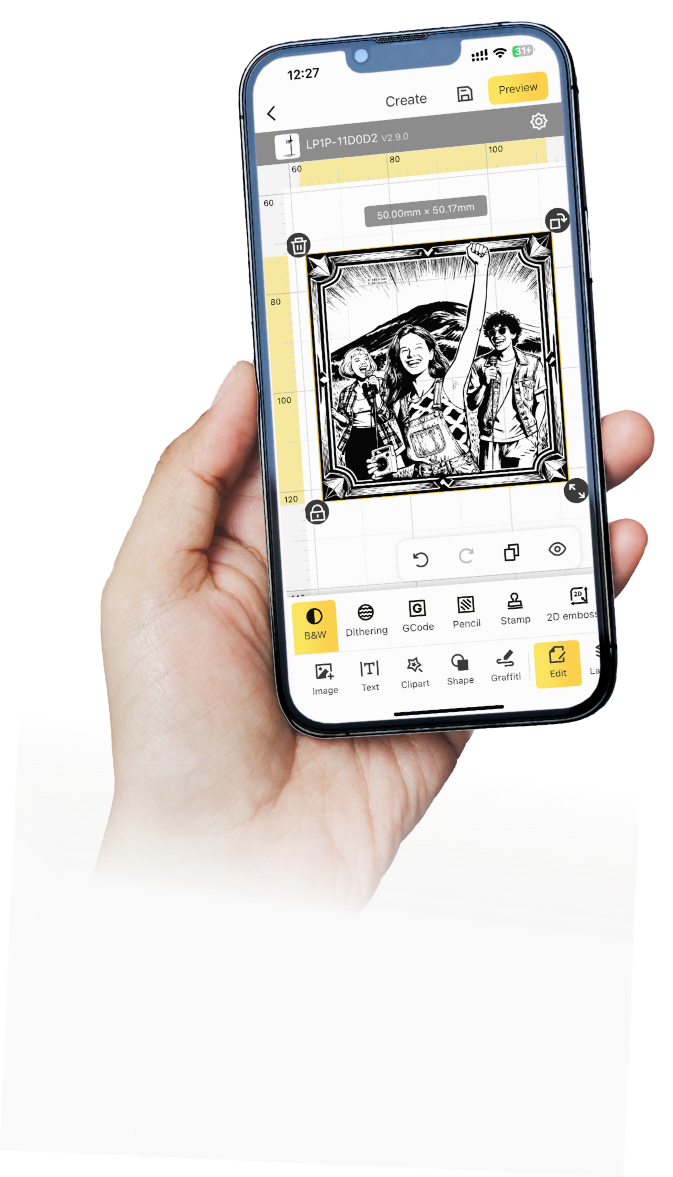 User-friendly LP1 Plus App interface showing three creative ways to engrave: doodle to laser, photo conversion, and built-in material library.