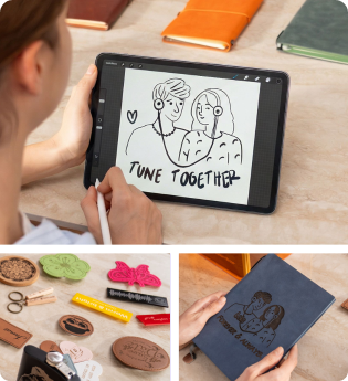 Using the LP1 Plus mobile app to doodle personalized messages on a tablet for instant wood or leather engraving.