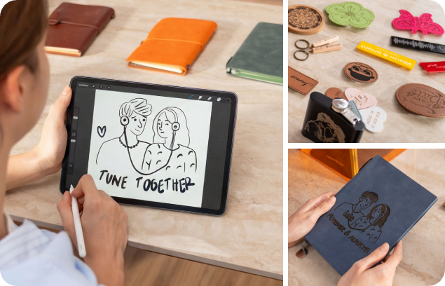 Using the LP1 Plus mobile app to doodle personalized messages on a tablet for instant wood or leather engraving.