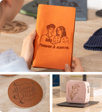 Close-up of a leather journal cover featuring detailed laser-etched designs made by the LP1 Plus precision laser engraver.