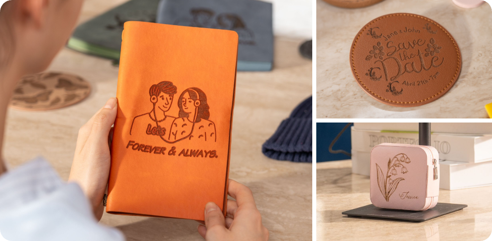 Close-up of a leather journal cover featuring detailed laser-etched designs made by the LP1 Plus precision laser engraver.