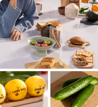 A variety of baked goods and desserts featuring laser-engraved logos and designs, showcasing the creative food engraving versatility of LP1 Plus.