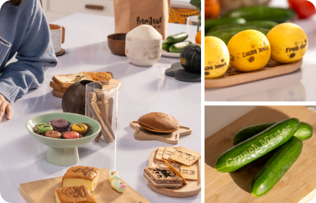 A variety of baked goods and desserts featuring laser-engraved logos and designs, showcasing the creative food engraving versatility of LP1 Plus.