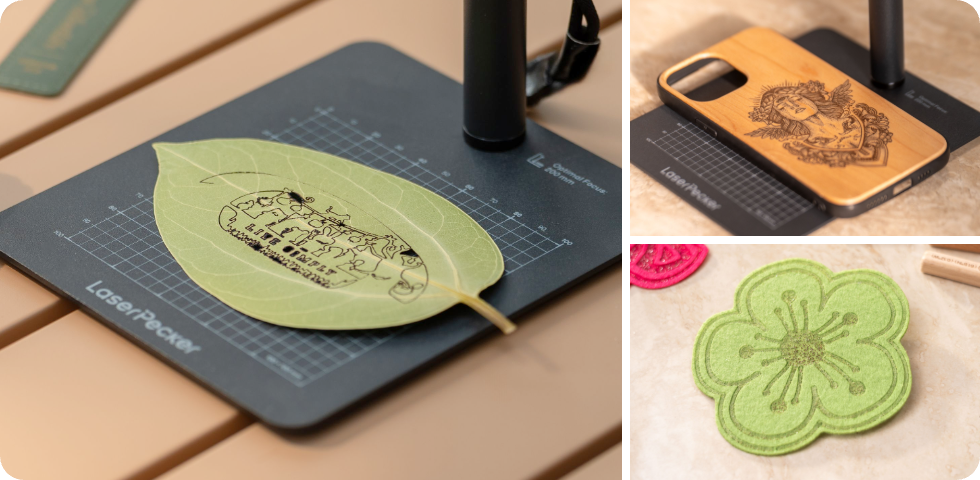 Intricate leaf art created with LP1 Plus laser engraver, showcasing eco-friendly DIY decor and organic material etching.