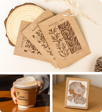 LP1 Plus laser engraver etching patterns onto thick kraft paper for retro-style paper crafts.