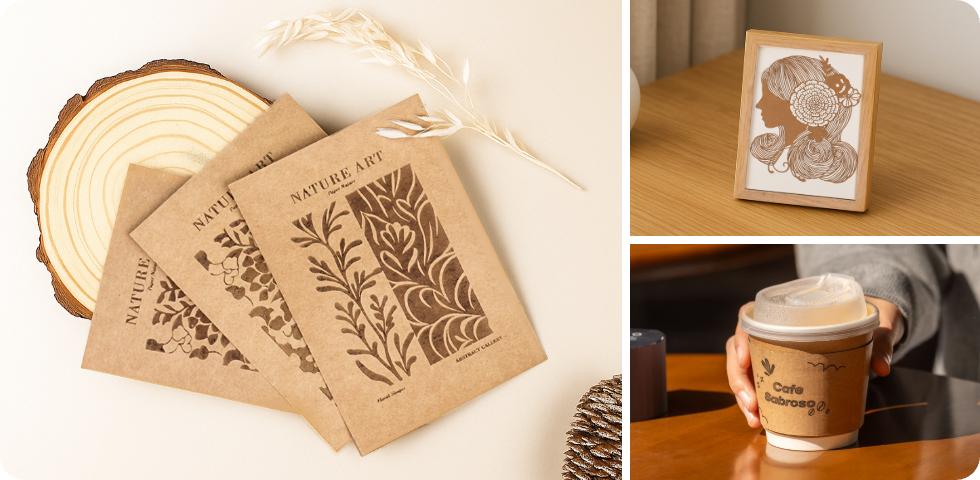 LP1 Plus laser engraver etching patterns onto thick kraft paper for retro-style paper crafts.