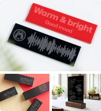 Custom engraved acrylic tags with sharp details, created by the LP1 Plus laser engraver for personalized labels and signage.