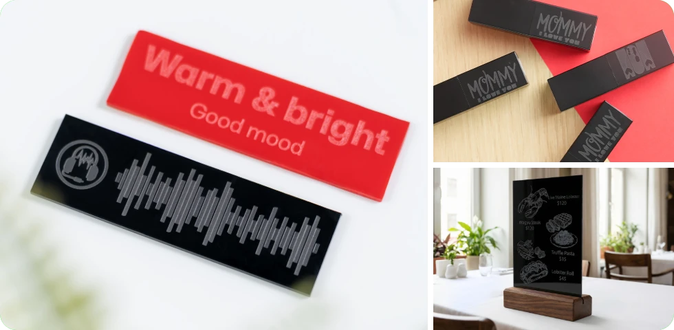 Custom engraved acrylic tags with sharp details, created by the LP1 Plus laser engraver for personalized labels and signage.