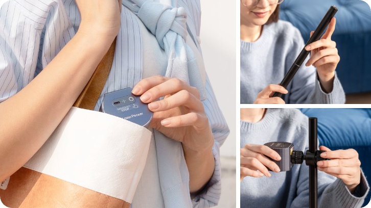 Portable LP1 Plus laser engraver being placed into a backpack, highlighting its compact and lightweight design for on-the-go crafting.