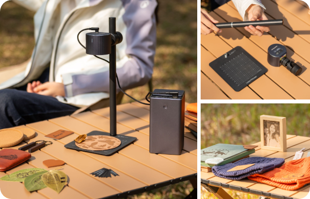 A portable engraving setup featuring the LP1 Plus and a power bank, perfect for artists capturing outdoor inspiration and natural elements on the go.