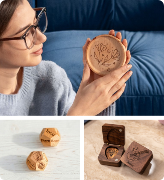 Customized wooden coasters with floral patterns made by LP1 Plus, perfect for personalized gifts.