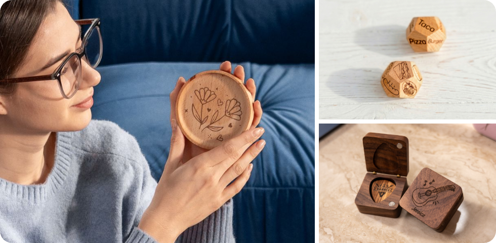 Customized wooden coasters with floral patterns made by LP1 Plus, perfect for personalized gifts.