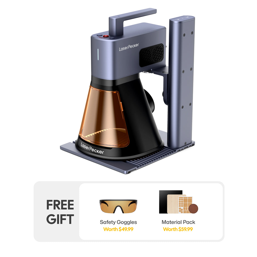 LaserPecker laser engraver bundle, including the main unit plus a free gift of safety goggles (worth $49.99) and a material pack (worth $59.99), providing everything needed to start engraving immediately.
