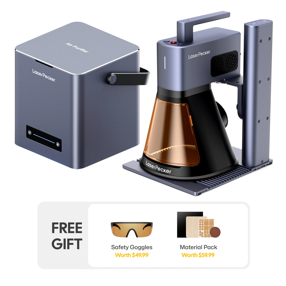 LaserPecker engraver bundle with air purifier, plus a free gift of protective goggles (worth $49.99) and a material pack (worth $59.99), offering a safe, complete solution for engraving projects.