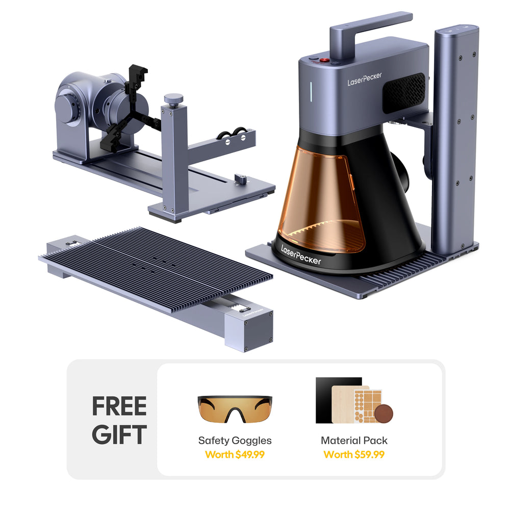 LaserPecker ultimate engraver bundle including the main unit, rotary extension, and slide extension, plus a free gift of safety goggles (worth $49.99) and a material pack (worth $59.99), offering a complete, versatile solution for all engraving needs.