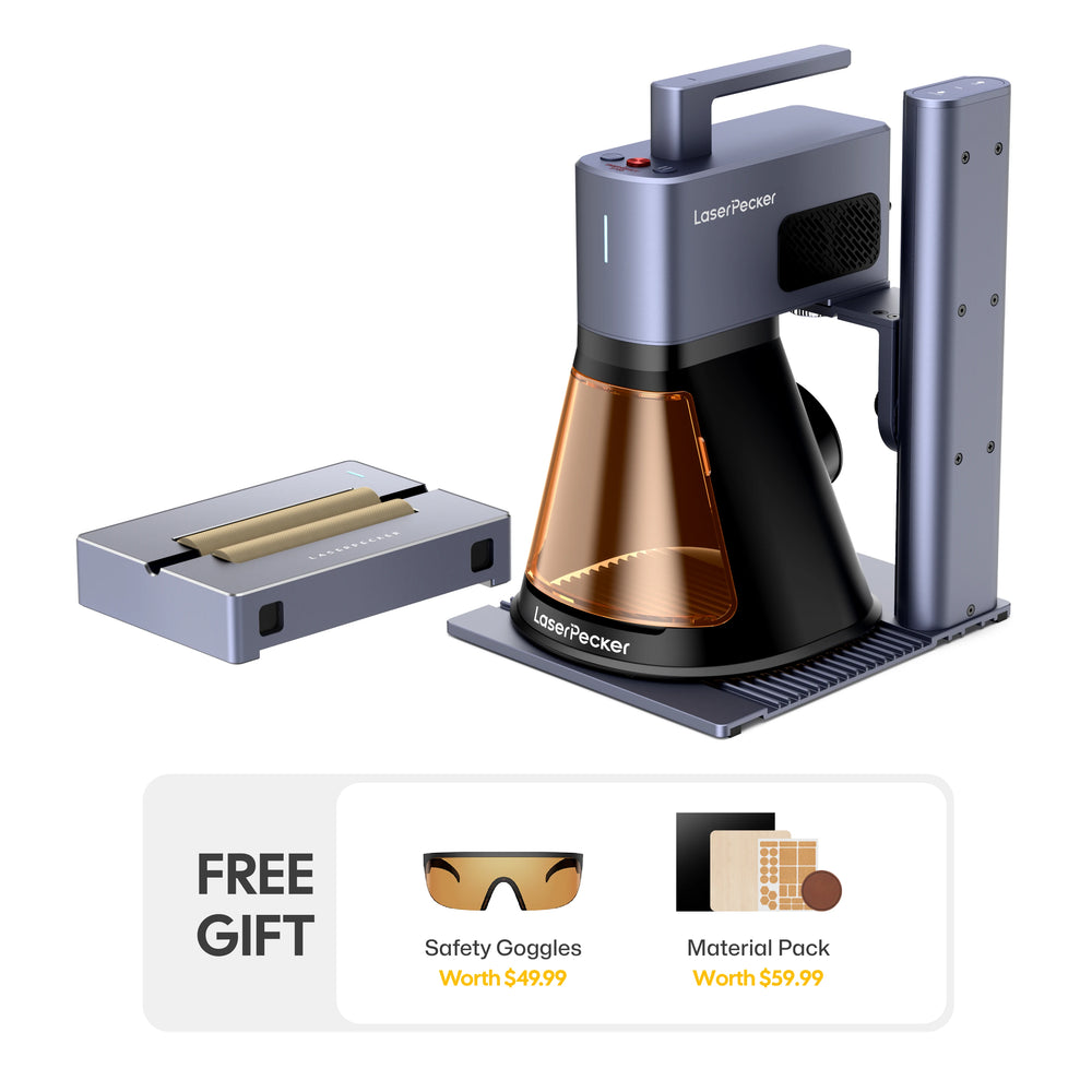 LaserPecker laser engraver bundle with an additional slide extension, plus a free gift of safety goggles (worth $49.99) and a material pack (worth $59.99), offering a complete solution for both standard and large-format engraving projects.
