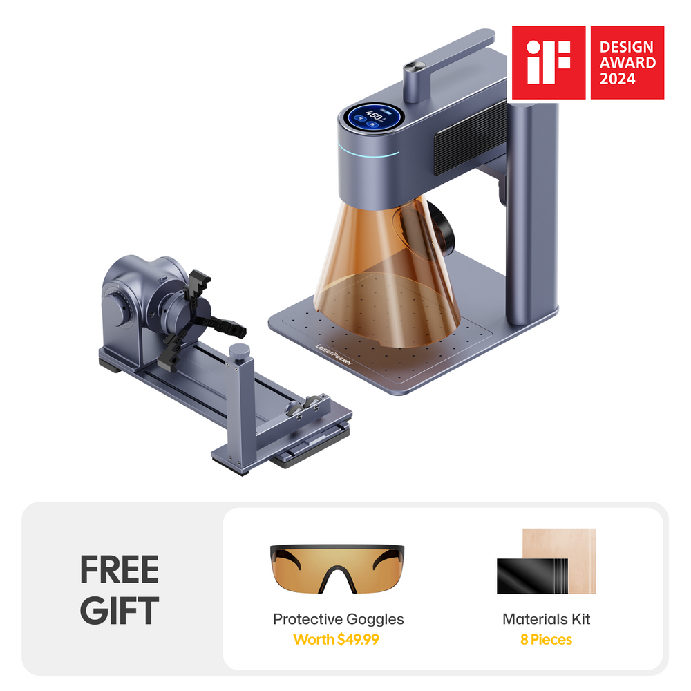 Award-winning LaserPecker LP4 laser engraver complete bundle, including the main unit, rotary attachment, plus a free gift of protective goggles (worth $49.99) and an 8-piece materials kit.