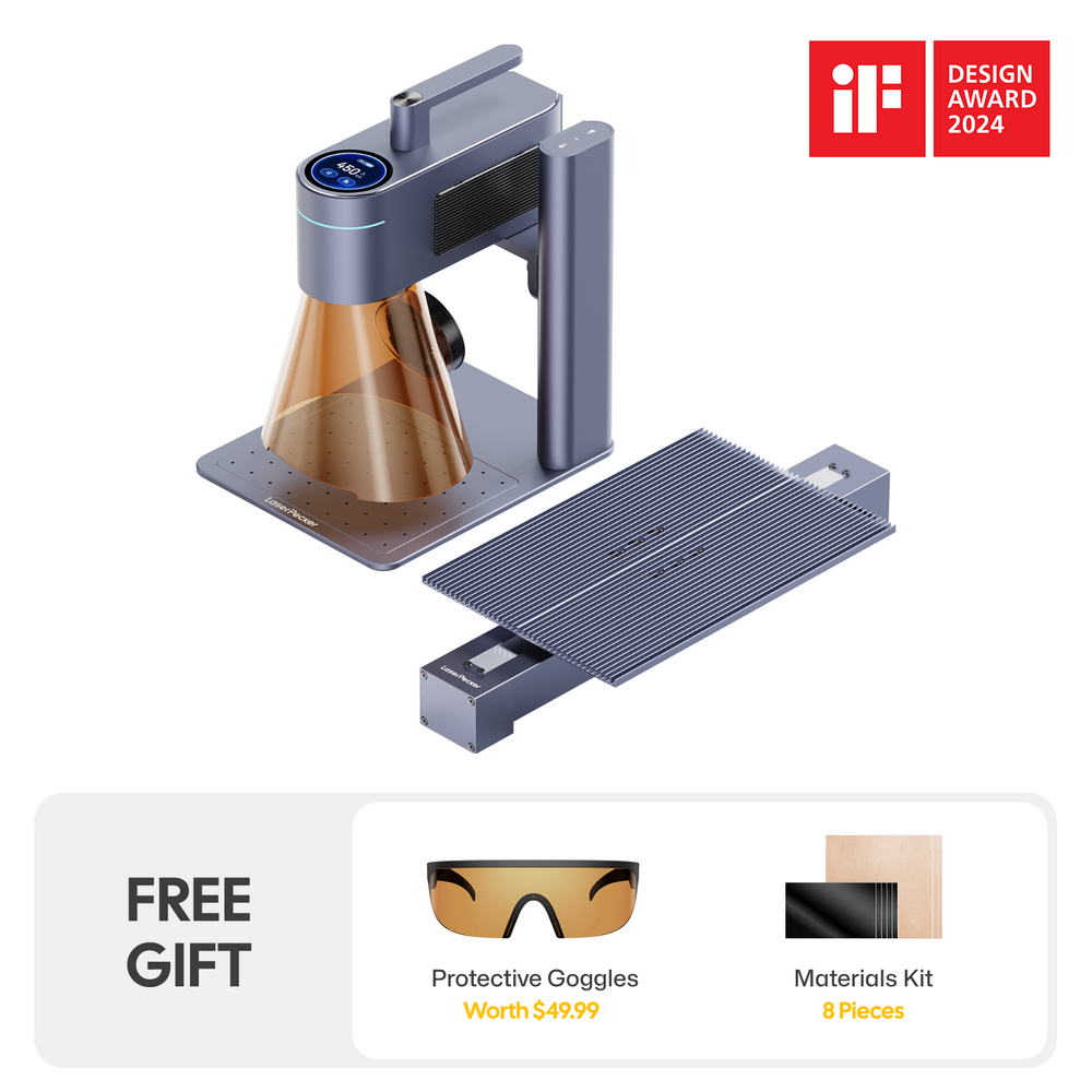 Award-winning LaserPecker LP4 laser engraver complete bundle, including the main unit, extended engraving table, plus a free gift of protective goggles (worth $49.99) and an 8-piece materials kit.