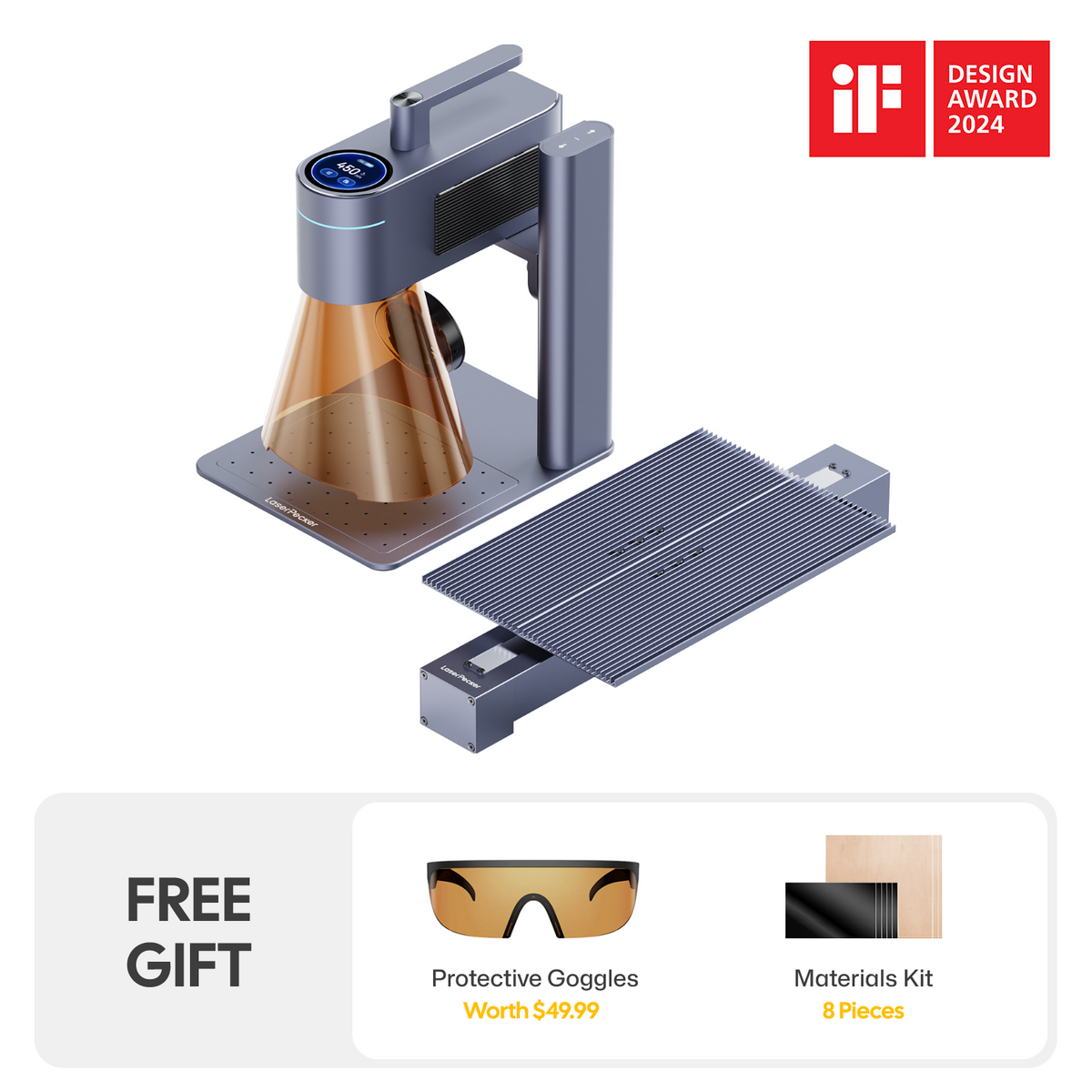 Award-winning LaserPecker LP4 laser engraver complete bundle, including the main unit, extended engraving table, plus a free gift of protective goggles (worth $49.99) and an 8-piece materials kit.
