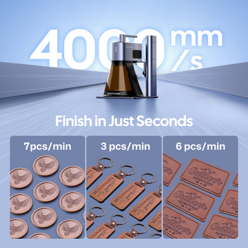 LaserPecker laser engraver with 4000mm/s high-speed engraving, showcasing productivity with up to 7 wooden coasters, 3 keychains, or 6 leather tags per minute, with the slogan "Finish in Just Seconds".