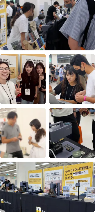 Laserpecker team engaging with 3D printing hobbyists and answering inquiries at a Japanese 3D printing exhibition