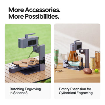 LaserPecker laser engraver accessories showcase, featuring a batch engraving extension for rapid production of coasters and a rotary attachment for cylindrical engraving on tumblers and balls, with the slogan "More Accessories. More Possibilities."