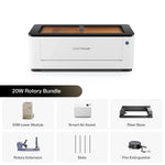 LaserPecker 20W Rotary Bundle, including the main engraver machine, 20W laser module, Smart Air Assist, Riser Base, Rotary Extension, slats, and a fire extinguisher, providing an entry-level solution for engraving both flat and curved surfaces.