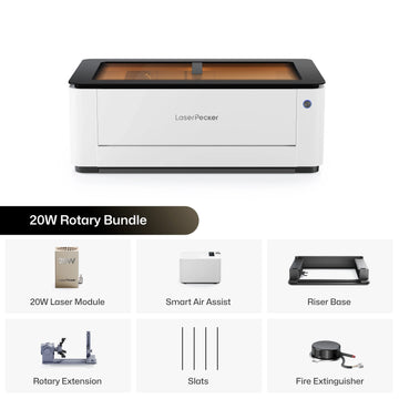 LaserPecker 20W Rotary Bundle, including the main engraver machine, 20W laser module, Smart Air Assist, Riser Base, Rotary Extension, slats, and a fire extinguisher, providing an entry-level solution for engraving both flat and curved surfaces.