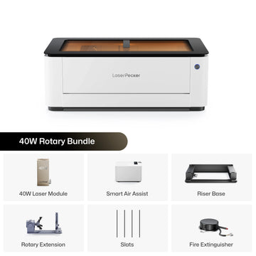 LaserPecker 40W Rotary Bundle, including the main engraver machine, 40W laser module, Smart Air Assist, Riser Base, Rotary Extension, slats, and a fire extinguisher, providing a complete solution for engraving both flat and curved surfaces.