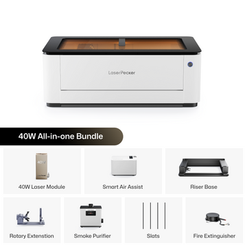 LaserPecker 40W All-in-one Bundle, including the main engraver machine, 40W laser module, Smart Air Assist, Riser Base, Rotary Extension, Smoke Purifier, slats, and a fire extinguisher, providing a complete, professional-grade solution for all engraving needs.