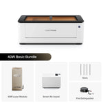 LaserPecker 40W Basic Bundle, including the main engraver machine, 40W laser module, Smart Air Assist, slats, and a fire extinguisher, providing a complete, safe, and high-performance engraving solution.