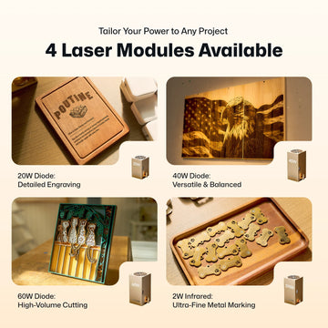 LaserPecker interchangeable laser modules showcase, highlighting four options: 20W Diode for detailed engraving, 40W Diode for versatile balanced performance, 60W Diode for high-volume cutting, and 2W Infrared for ultra-fine metal marking. Each module is paired with a sample project to illustrate its application.