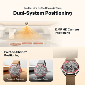 LaserPecker laser engraver showcasing its Dual-System Positioning feature, with 12MP HD Camera Positioning and Point-to-Shape™ Positioning. The demo shows how the system automatically centers designs on a watch face, ensuring precise alignment even when the object is off-center.