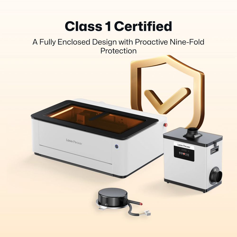 LaserPecker fully enclosed laser engraver system, featuring Class 1 laser safety certification and proactive nine-fold protection. The image includes the main engraver unit, an air purifier, and an accessory, emphasizing a safe, integrated workspace for laser processing.