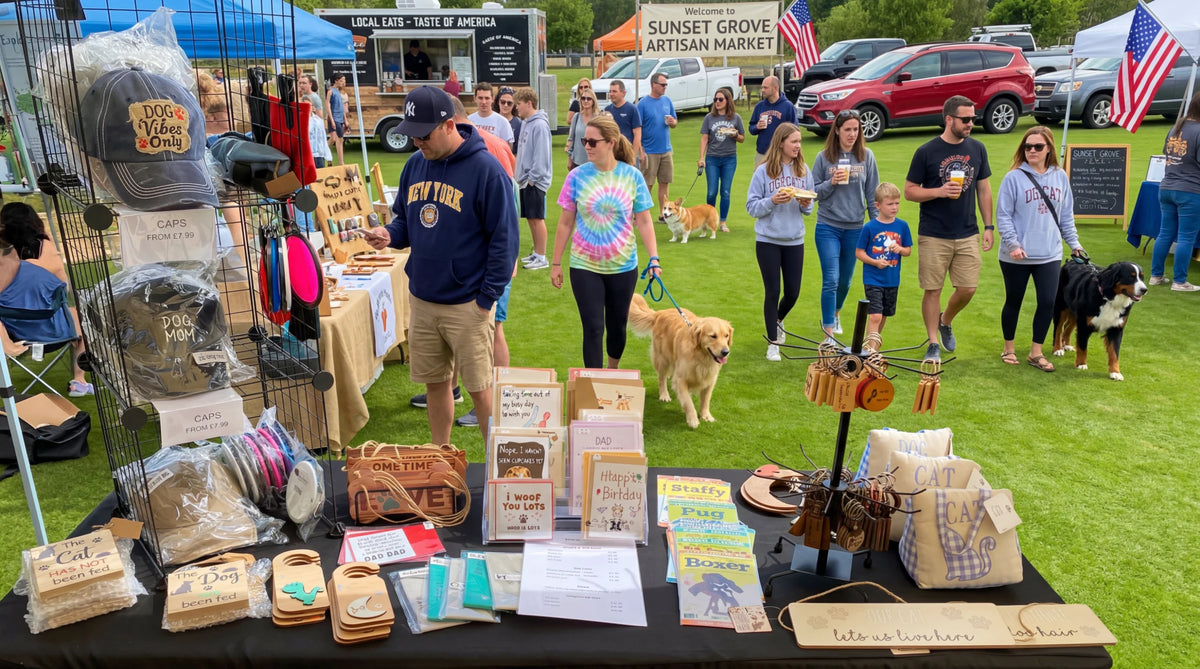 A crowded outdoor market booth showcasing a wide range of personalized products.