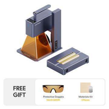 LaserPecker portable engraver with a roller extension for cylindrical items, bundled with free protective goggles (worth $49.99) and a 2-piece materials kit, ready for both flat and curved engraving projects.