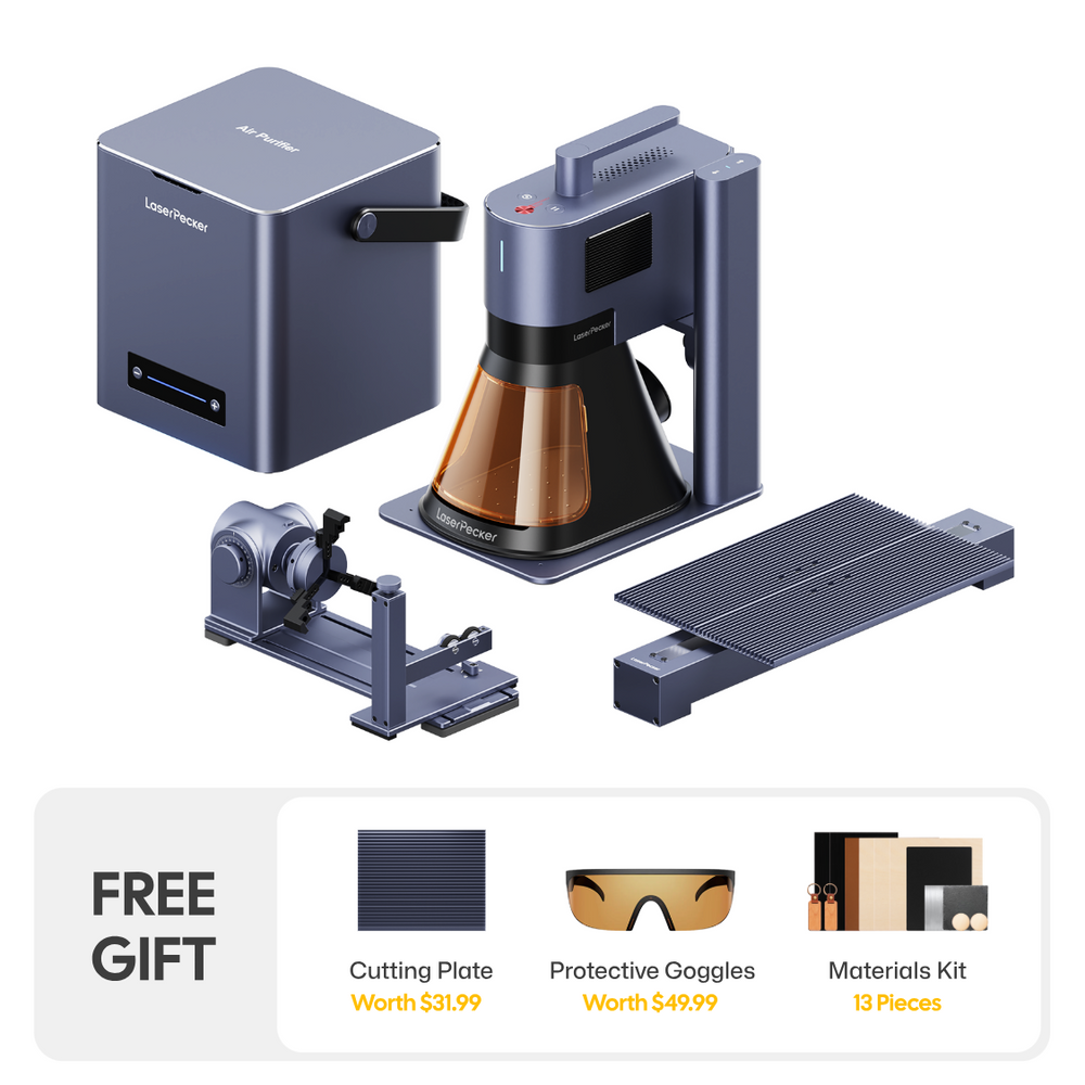 LaserPecker laser engraver premium bundle, including the main machine, air 
purifier, rotary attachment, and extended engraving table, with a free gift of a cutting plate, protective goggles, and 13-piece materials kit.
