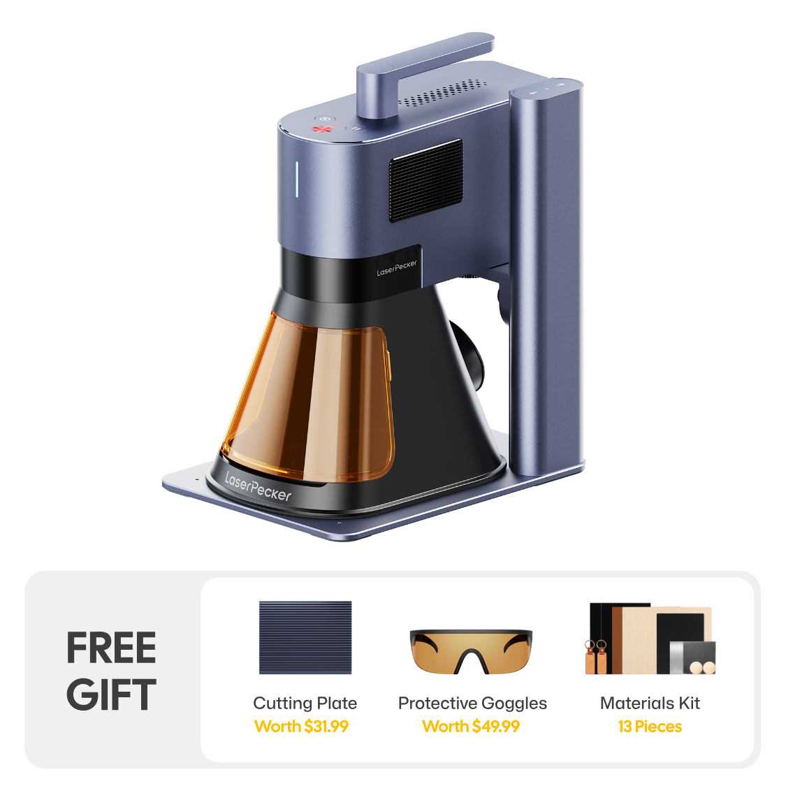 LaserPecker laser engraver machine in blue-gray, with a free gift bundle including a cutting plate, protective goggles, and a 13-piece materials kit.