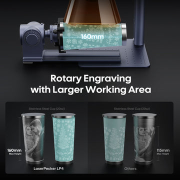 LaserPecker LP4 laser engraver with rotary attachment, showcasing a 160mm larger working area for cylindrical engraving, compared to competitors’ 115mm capacity, demonstrated on 20oz stainless steel cups.